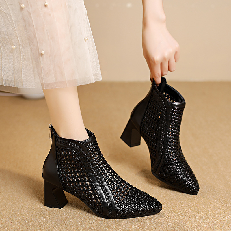 Black Genuine Leather Hollow Breathable Mesh Boots for Women 2026 Summer New European and American Style Woven Pointed Toe Chunky Heel Sandals for Women Black Genuine Leather Hollow Breathable Mesh Boots for Women 2026 Summer New European and American Style Woven Pointed Toe Chunky Heel Sandals for Women