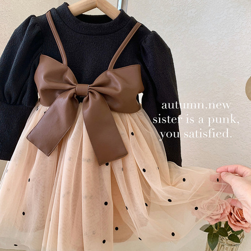 Girls Dress Spring and Autumn  New Style Children's Fake Two-piece Long-Sleeved Puffy Gauze Dress Baby Skirt