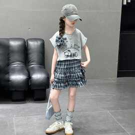 女童短袖套装夏季2025新款中大童卡通洋气T恤儿童两件套格子裙潮