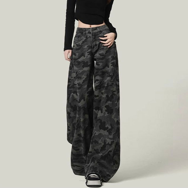 Spring and Summer plus size Camouflage High Waist Wide Leg Jeans Women's chubby girl 100.00kg Loose Slimming Meat Covering Straight Pants