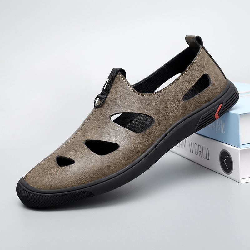 Zapatos de cuero huecos negros para hombres jóvenes ventilados con un pedal sandálias de suela suave negocios británicos zapatos casuales de verano