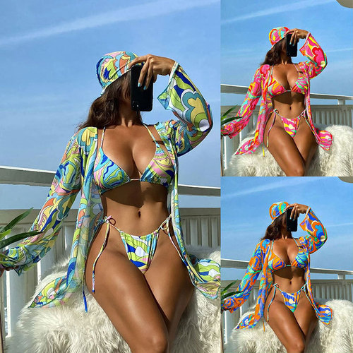 2024 New Printed Shawl Halter Neck Swimsuit Three-piece Set AliExpress Mesh Sunscreen Beach Spa Bikini