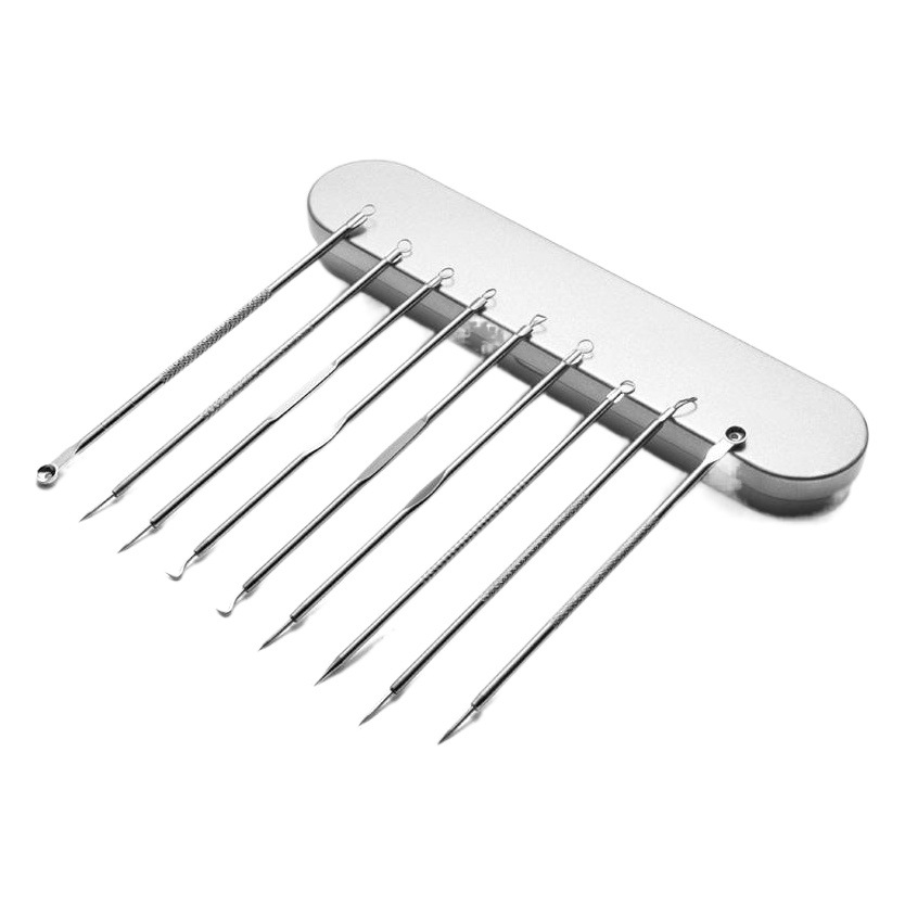 Fábrica al por mayor de acero inoxidable acné aguja clip de doble cabeza burlas acné Eliminación de la aguja del acné blackhead eliminación de herramientas de belleza traje