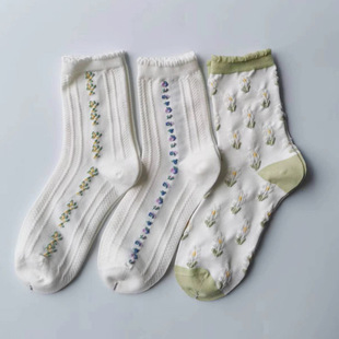 Flower Jacquard Women's Combed Cotton JK Mid-Socks Boneless Stitch Lace Cute Lolita Socks Tailstock Handling