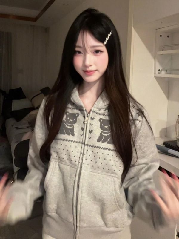 新款美式街头开衫连帽卫衣女秋季宽松百搭拉链帽衫慵懒风外套上衣|undefined