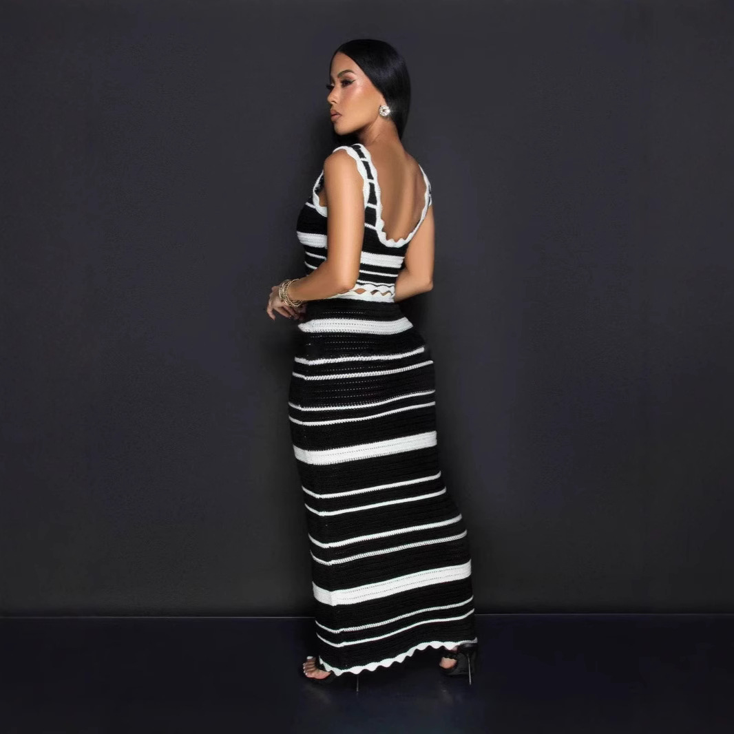 Women's Striped Knitted Vest Top And High Waisted Color Block Skirt Fashion Set American Style Two-Piece Ensemble_voghion.com