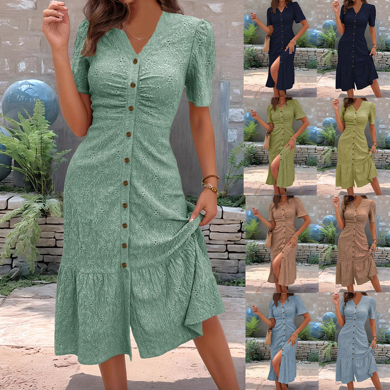 2025 new summer European and American cross-border Amazon ebay doll collar foreign trade short sleeve solid color fashion dress women 2025 new summer European and American cross-border Amazon ebay doll collar foreign trade short sleeve solid color fashion dress women