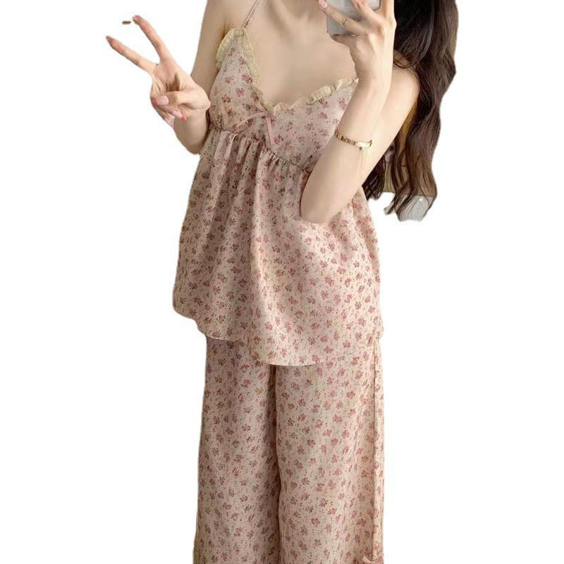Verano nueva correa pijamas mujeres retro pequeño floral celebridad en línea de las mujeres desgaste del hogar traje TikTok entrega en vivo al por mayor