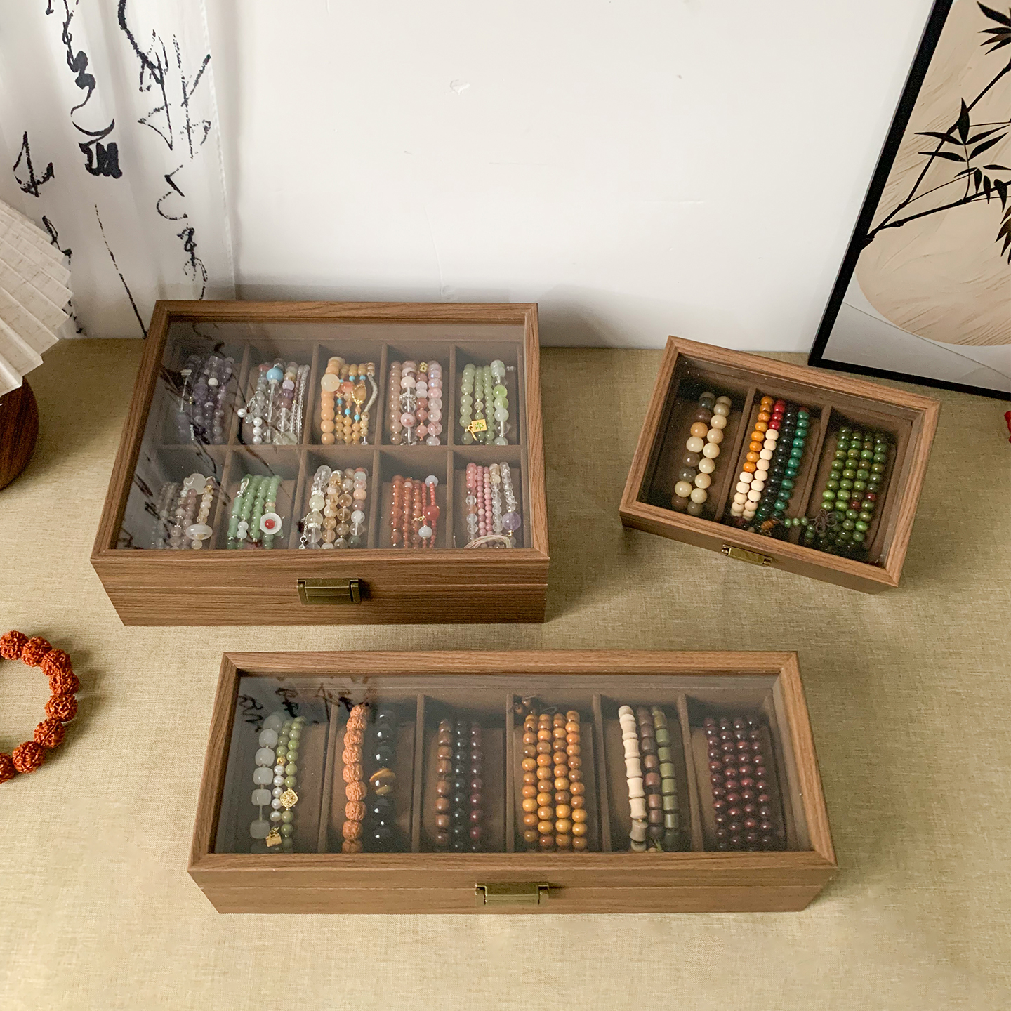 Cross-Border Jewelry Storage Box for Bracelets, Watches, High-End Walnut Wood Grain Leather, Buddhist Beads, Crystal Bracelets, Jewelry Box