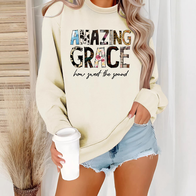 Miracle Grace Letter Print Casual Round Neck Long Sleeve Sweatshirt Loose Sports Fashion Base Shirt Women's Sweatshirt Miracle Grace Letter Print Casual Round Neck Long Sleeve Sweatshirt Loose Sports Fashion Base Shirt Women's Sweatshirt