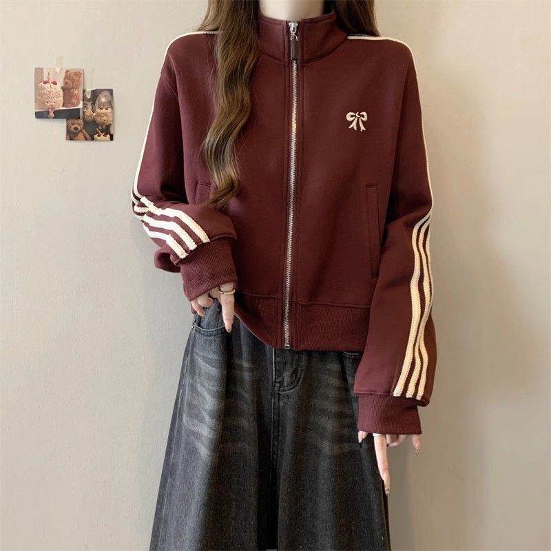 安可拉红色立领正肩卫衣外套大码女装2025春秋胖mm小个子短款上衣|undefined
