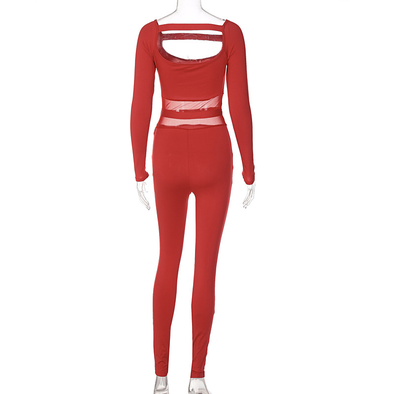 Solid Color Square Collar Mesh Stitching Sports Fitness Jumpsuit in Jumpsuits & Rompers