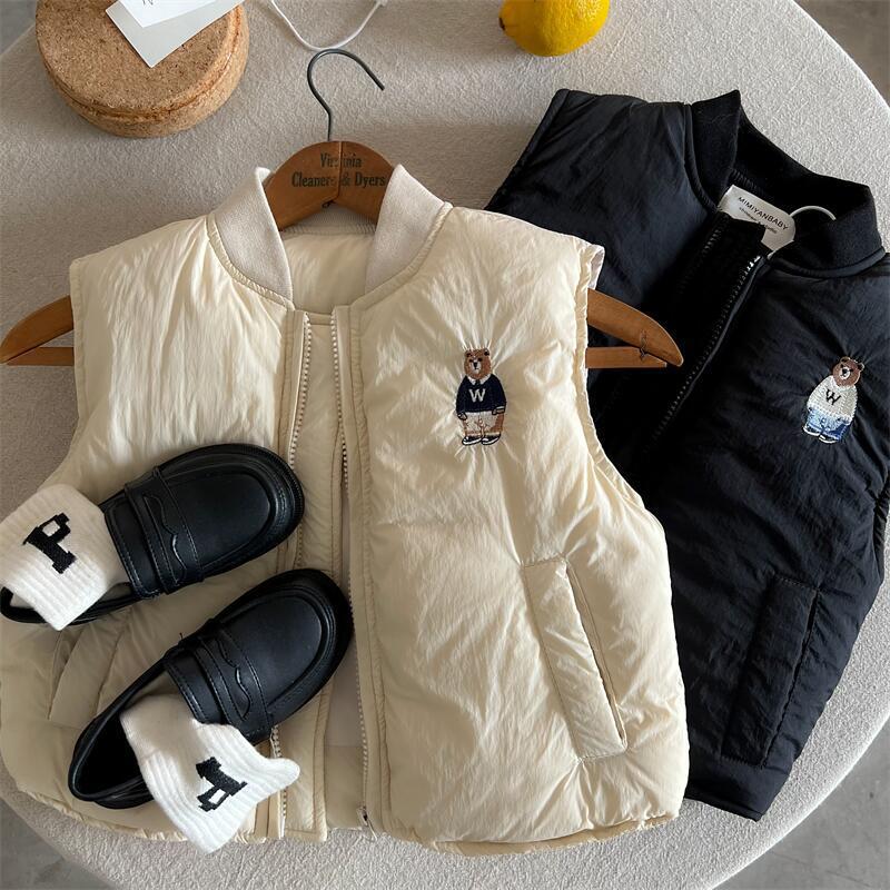 Ropa de algodón para niños, nueva colección de invierno 2025 para niños y niñas, chaleco de algodón con oso bordado, chaqueta estilo japonés para bebés, a la moda