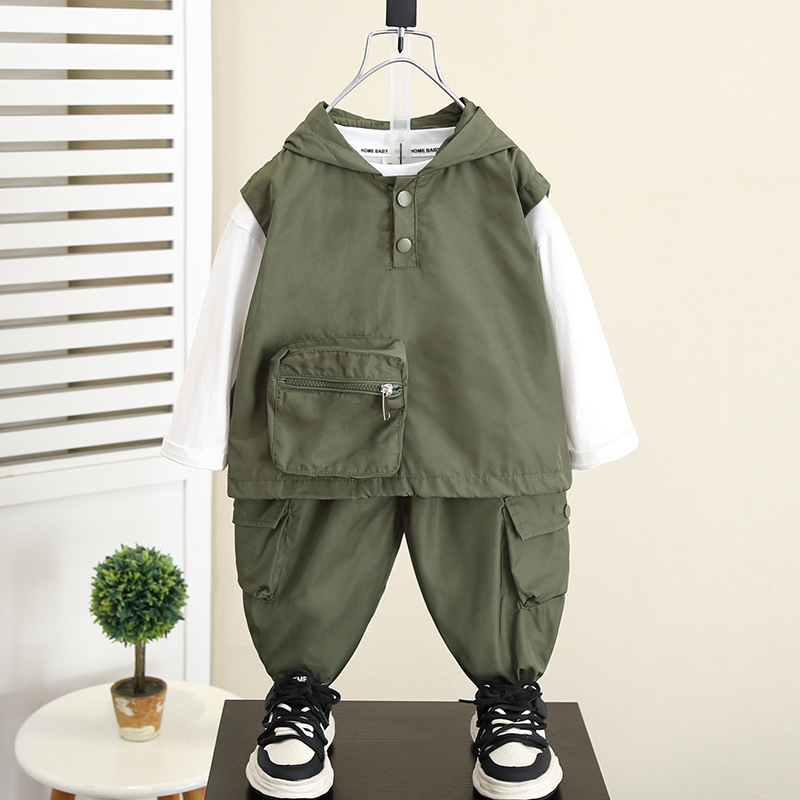 5969 traje de herramientas para niños 2024 otoño nuevo estilo fresco y guapo primavera y otoño para niños chaleco con capucha traje de dos piezas para bebés