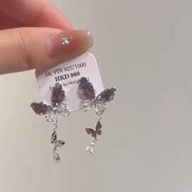 超仙复古双蝴蝶锆石流苏耳环女2023年新款轻奢精致网红风耳饰耳环