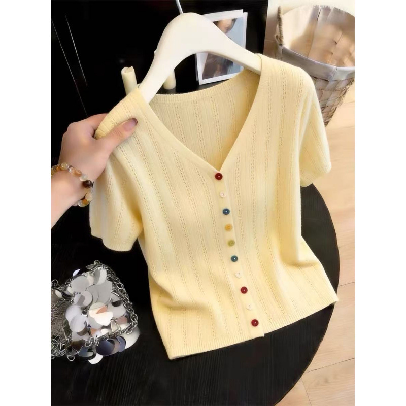 Women's Summer V Neck Hollow Short Sleeve T-Shirt Lightweight Slimming Knitted Cardigan Top New Style_ecoleips.com