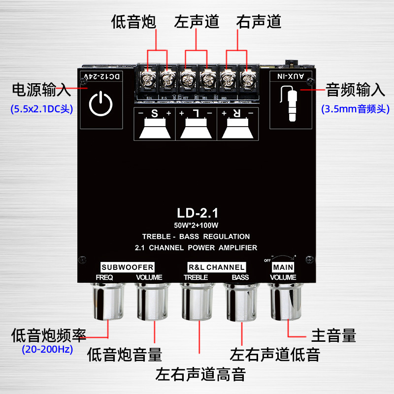 跨境专供2.1声道蓝牙数字功放板模块高低音调重低音大功率功放机|undefined