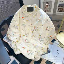 日系软妹小众高级感童趣涂鸦印花宽松百搭短袖衬衫上衣女
