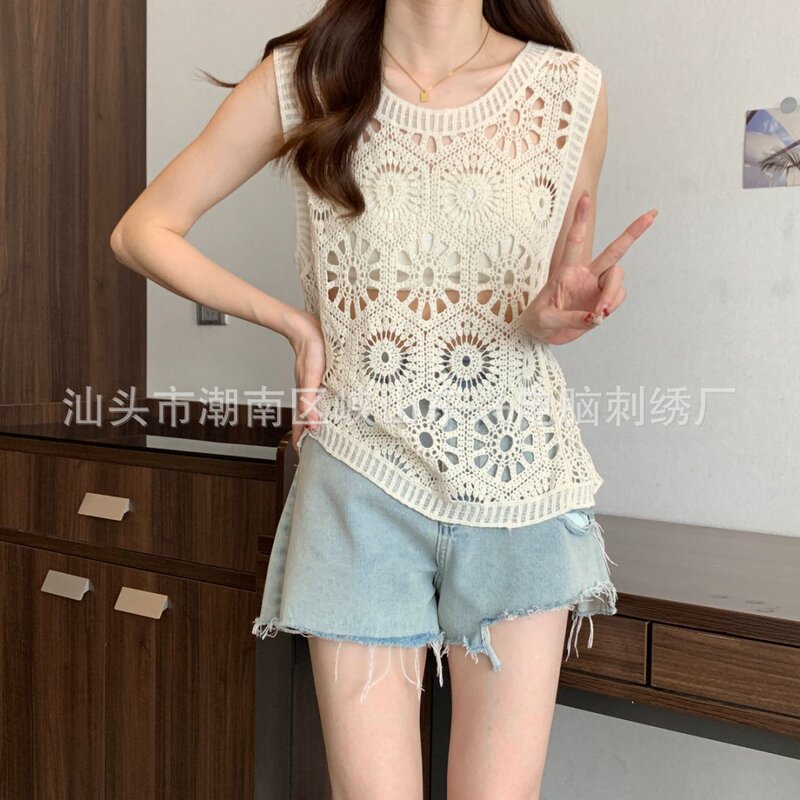 Hollow Knitted Blouse Vest Suspender Short-Sleeved Women's Summer 2025 New Bohemian Style Top Women's Versatile