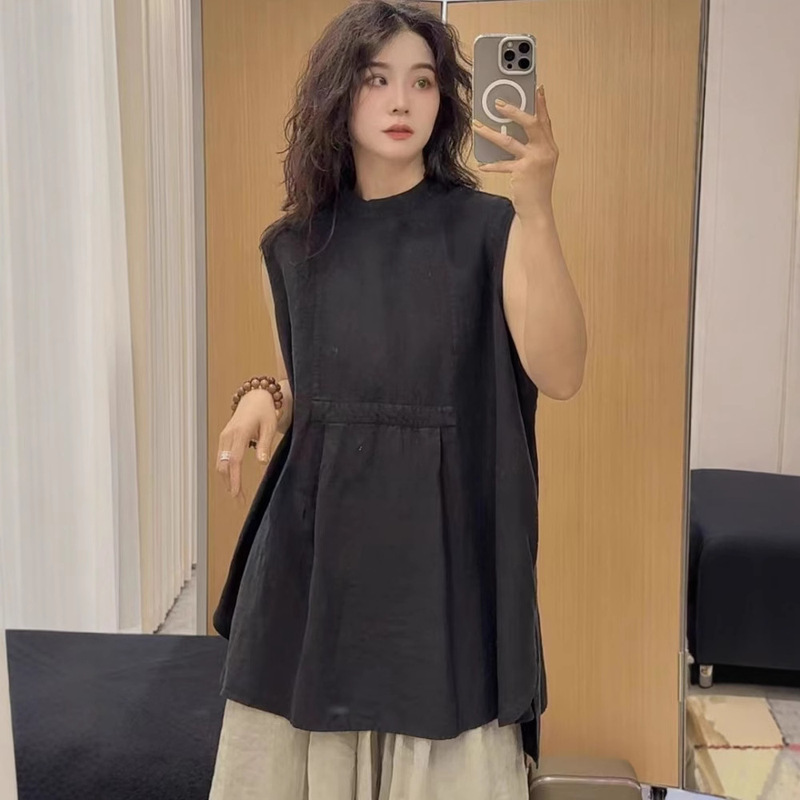 Vintage Artistic Chinese Hemp Mid-length Shirt Women's Summer New Loose All-match Back Single-breasted Sleeveless Top for Women