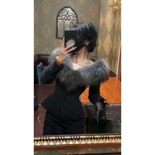 复古老钱风套装女秋冬季仿真银狐皮草毛呢外套包臀半身中裙两件套