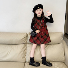 女童红色格子毛呢背心裙连衣裙2025秋冬新款女孩韩版圣诞新年裙子