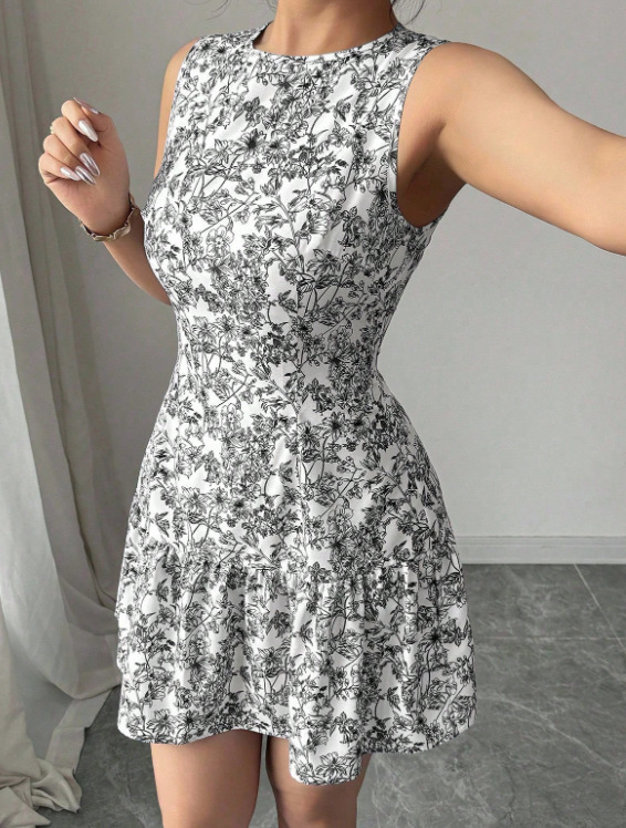 Women's Bohemian Style Floral Print Mini Dress Sleeveless Belted French Elegance Thin Summer Fashion Clothing_ecoleips.com