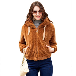 2023 autumn and winter new women's plush coat hooded long sleeve warm cotton-padded jacket solid color short coat A996