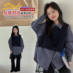 女童格子衬衫春秋2025新款韩版儿童早秋针织马甲背心叠穿上衣女孩