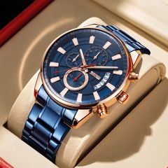 時刻美大錶盤男士鋼帶表英倫風格三眼日曆石英表商務手錶一件代發