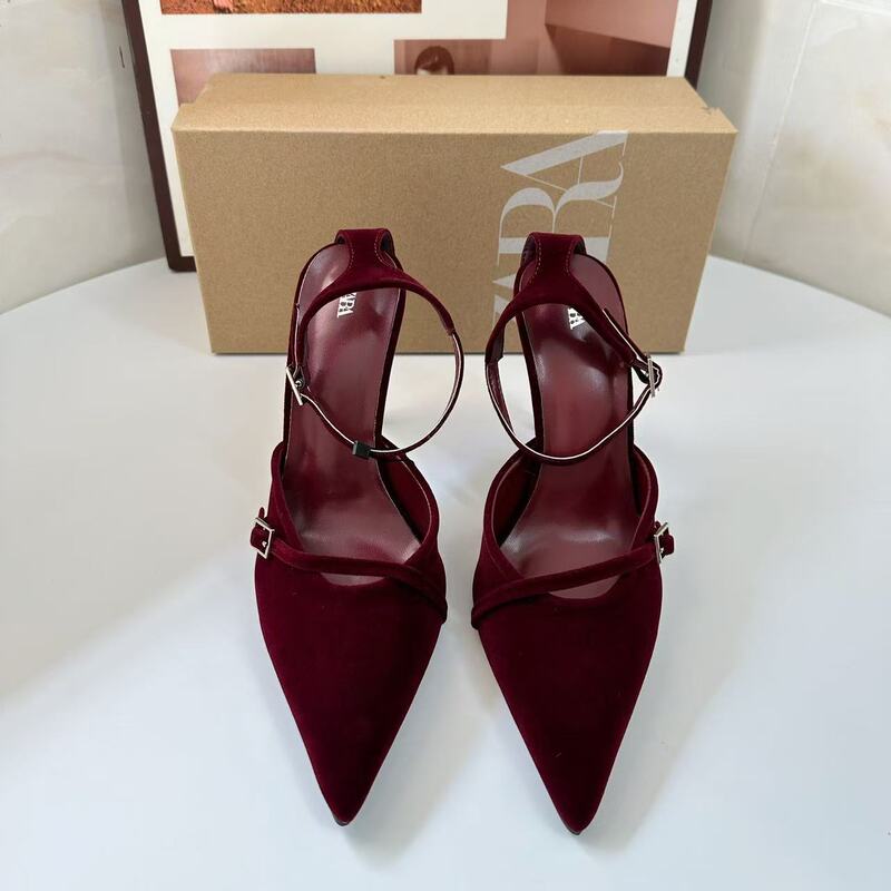 Za2024 New Winter Women's Shoes Velvet Effect Pointed Toe Elegant Stiletto Heels Mule Shoes One-Line Buckle Strap Shoes