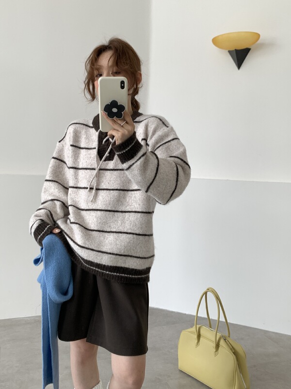 秋冬新款毛衣女2025韩系撞色条纹休闲手工穿绳慵懒风系带针织上衣|undefined