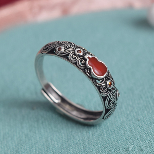 Lucky Wealth, Prosperity, and Peace Gourd Ring for Women Vintage Distressed Open Finger Ring Wholesale Chinese Ethnic Style Antique Jewelry
