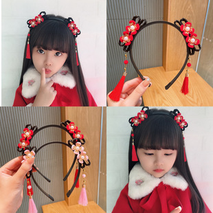 Baby's Wig Braid Tassel Flower Headband Girls' New Year Red Hair Accessories Children's Antique Hanfu Style Headwear