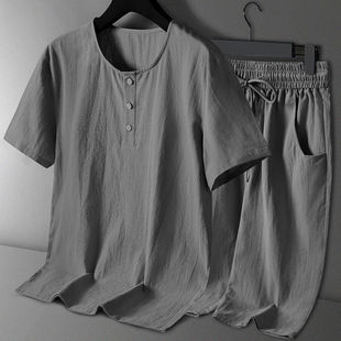 Cotton and Linen Tang Suit Men's Chinese Style Summer Thin Short-Sleeved T-Shirt Linen Suit Chinese Style Men's Hanfu Dad Summer Suit