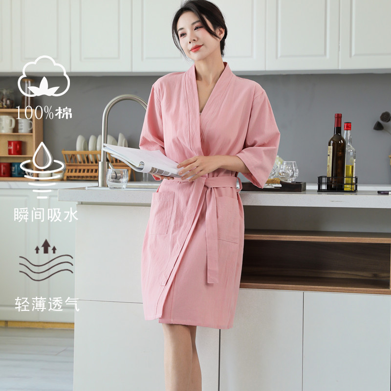 퓨어 코튼 목욕 가운 봄과 여름 얇은 호텔 목욕 가운 면화 및 리넨 목욕 가운 남성과 여성의 아름다움 잠옷 자수 로고 흡수