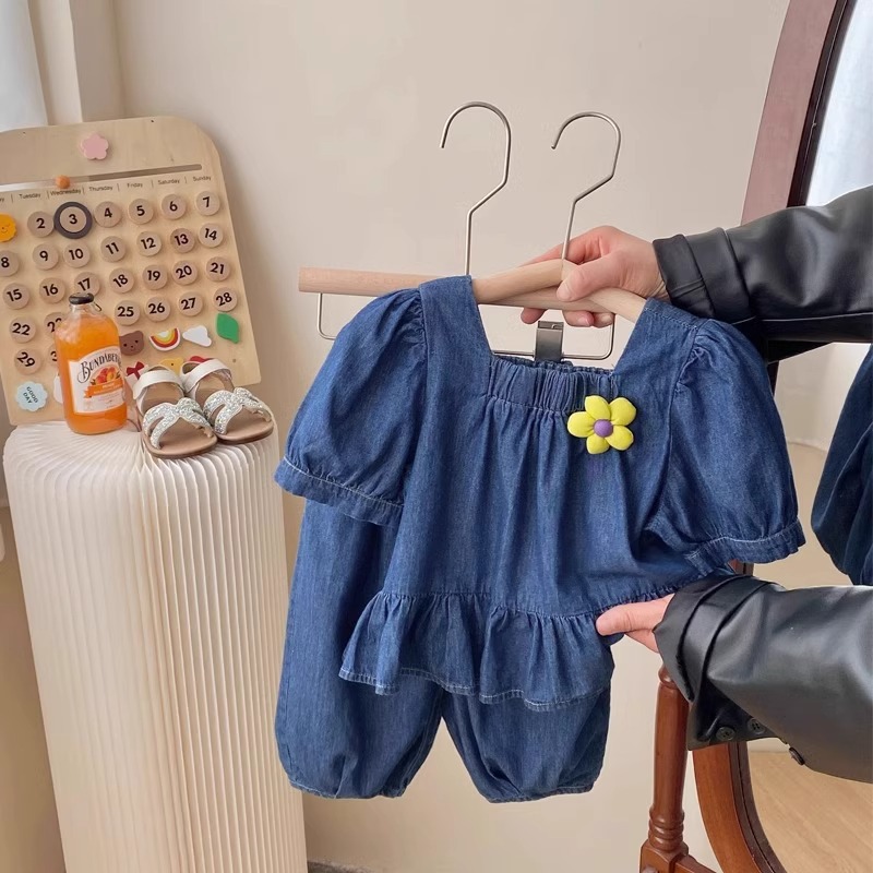 2024 Piger Tyndt Denimsæt Sommertøj Kortærmet Top, Cropped Bukser Børnesportstøj_voghion.com