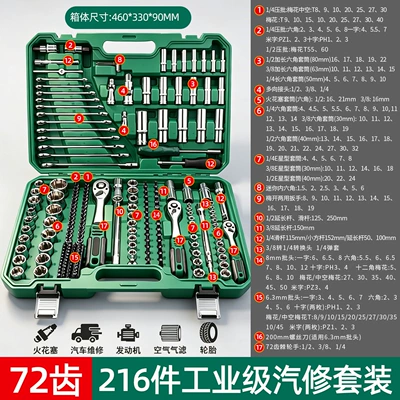 Ratchet Wrench, Socket Combination, Mühərrik tənzimləmə alətləri - 216-piece-socket-wrench-set-industrial-grade-72-teeth
