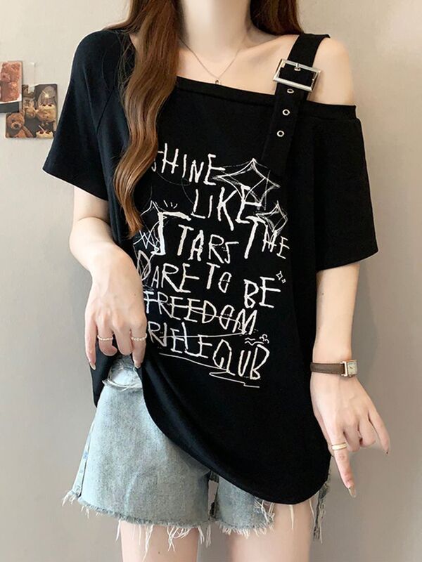 新款纯棉美式辣妹斜肩短袖t恤女夏季设计感露肩甜酷宽松显瘦上衣|undefined