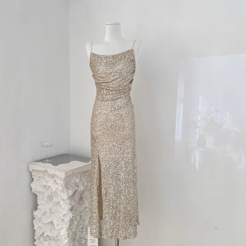 Silver Sequin Suspender Dress Women's High-End Dress Long Skirt Sexy Waist Slit Skirt 2025 Autum New
