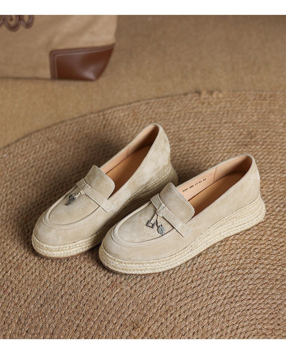 Giày lười nữ đế dệt cỏ mũi vuông phong cách vintage đế dày — màu nâu chi tiết 14