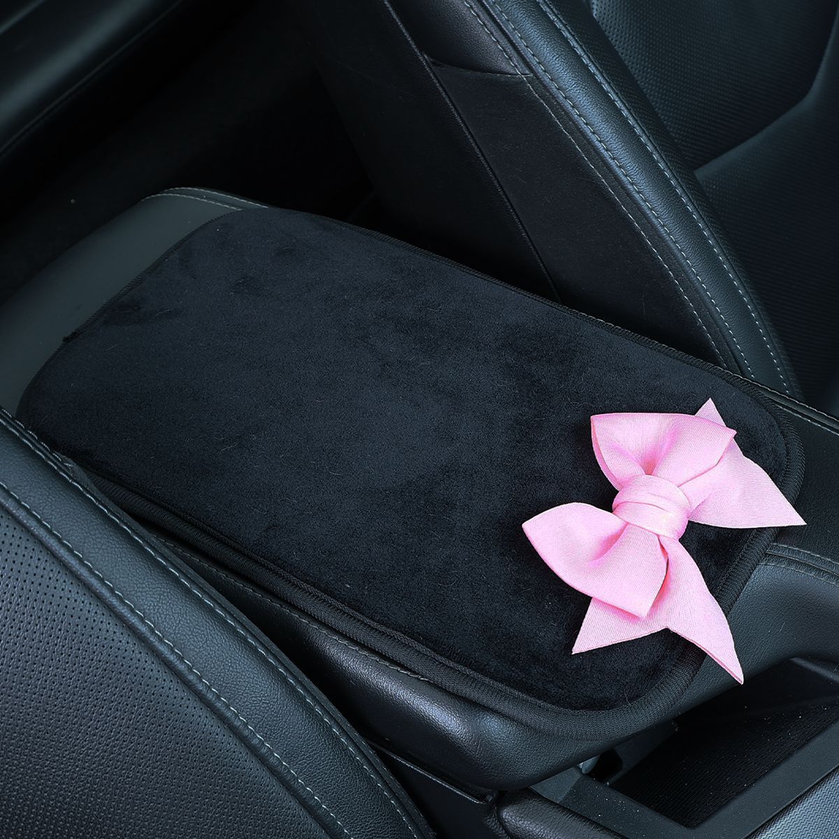 Car armrest cushion, short plush universal armrest pad with ice silk bow decoration