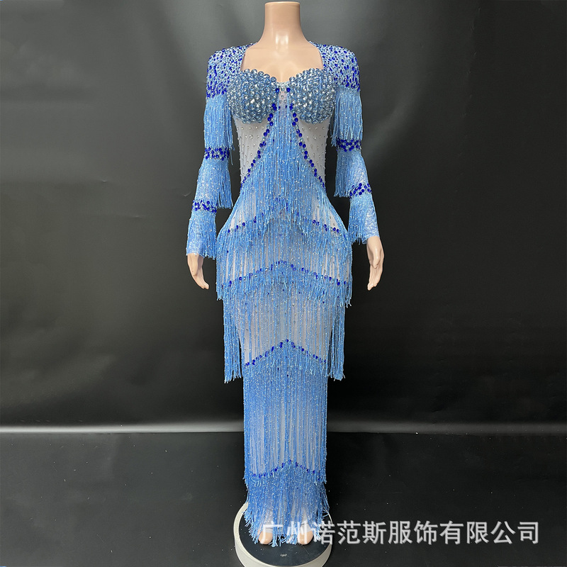 轻奢优雅水钻细闪流苏渐变网纱长裙红毯走秀歌手宴会俱乐部晚礼服|undefined