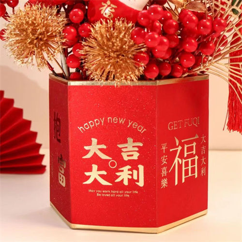 Año nuevo plegable hexagonal Fu cubo flor caja de embalaje simulación Holly eucalipto caja de regalo decorativa Fu cubo material floral