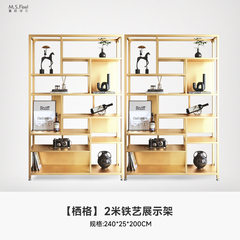 Estante de metal ligero de lujo estante de piso doméstico estante de escritorio estante de decoración de partición estante de exhibición creativa multicapa