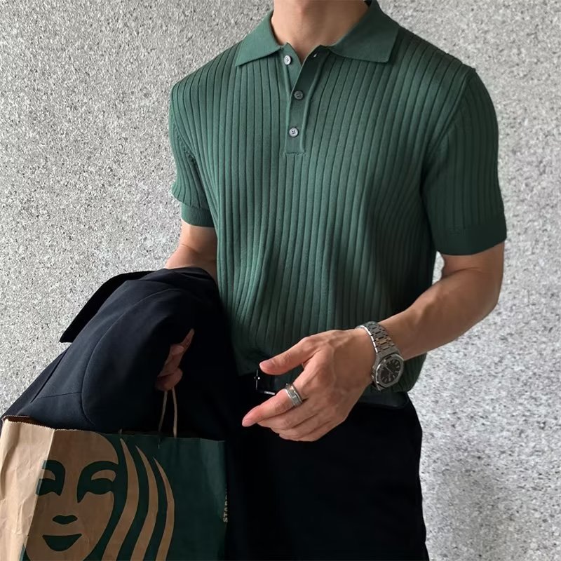 Verano hombre de punto camisa de polo de manga corta coreana delgada seda de hielo sólido con tapa T-shirt comercio exterior transfronterizo al por mayor