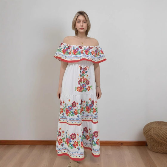 2025 Europe and the United States in spring and summer independent station Amazon new one-word shoulder printing long large pendulum dress LM088