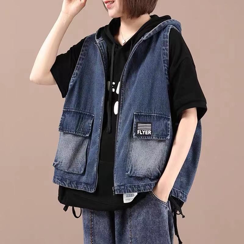 Spring and Autumn New Style Denim Vest for Women, Large Size, Loose Fit, Slimming, Versatile, Hooded, Casual, Elegant, Outerwear