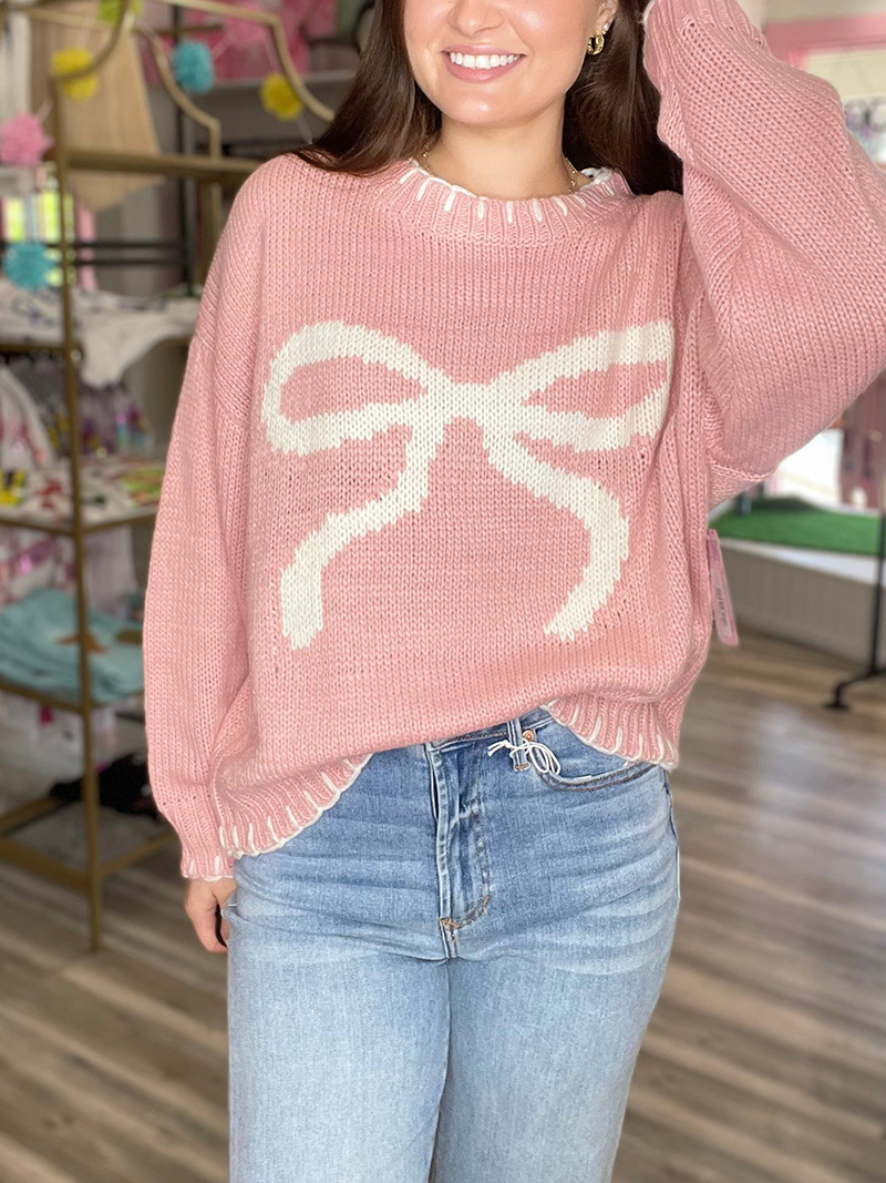 Vêtements pour femmes Pull jacquard à nœud pour femme Automne et hiver Style paresseux Pull ample chaud et confortable_voghion.com