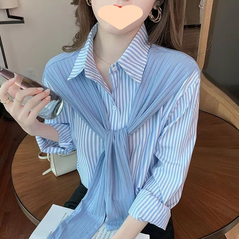 女士披肩假两件上衣女小个子衬衣2025年新款春季长袖条纹雪纺衬衫|undefined